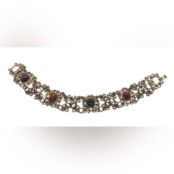 Vintage Gold Tone Ornate Scroll Design Panel Linked Cabochon Gems - Picture 11 of 11